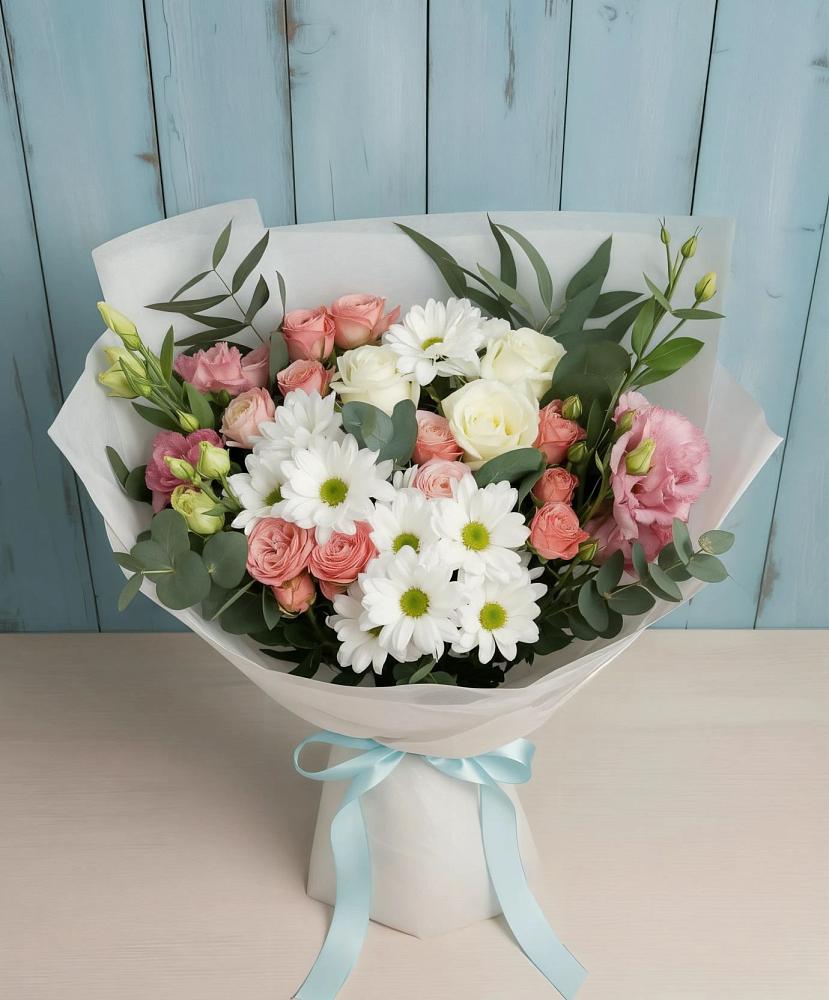 Букет цветов из: Розы, Лизиантусы и Хризантемы в Мишкино