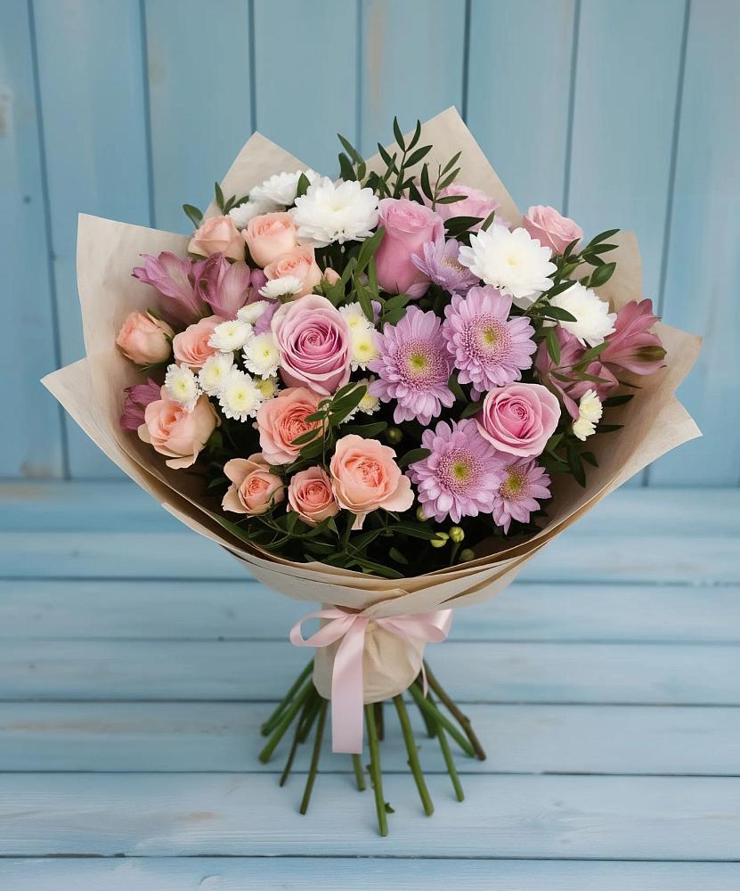 Букет цветов из: Хризантемы, Розы и Альстромерии в Мишкино