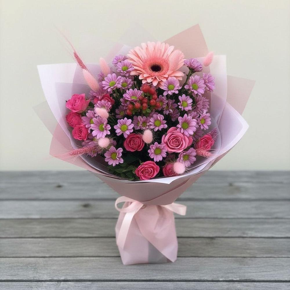 Букет цветов из: Розы, Герберы и Хризантемы в Мишкино