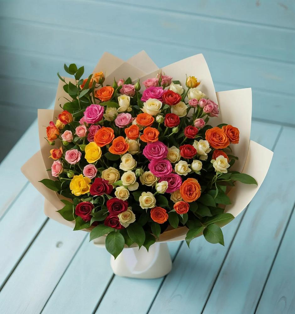 Букет Микс из разноцветных кустовых роз в Мишкино