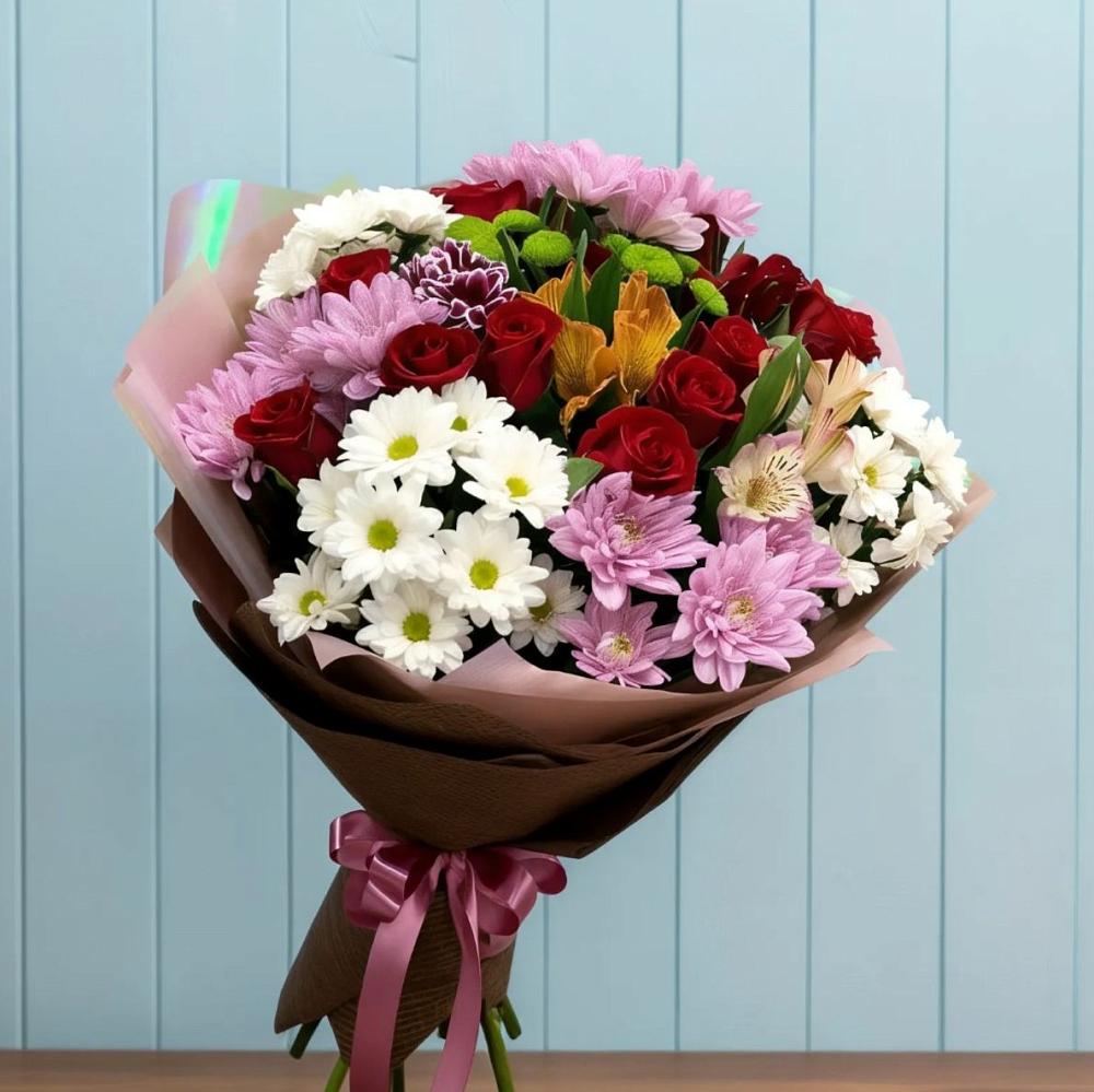Букет цветов из: Розы, Хризантемы и Альстромерии в Мишкино